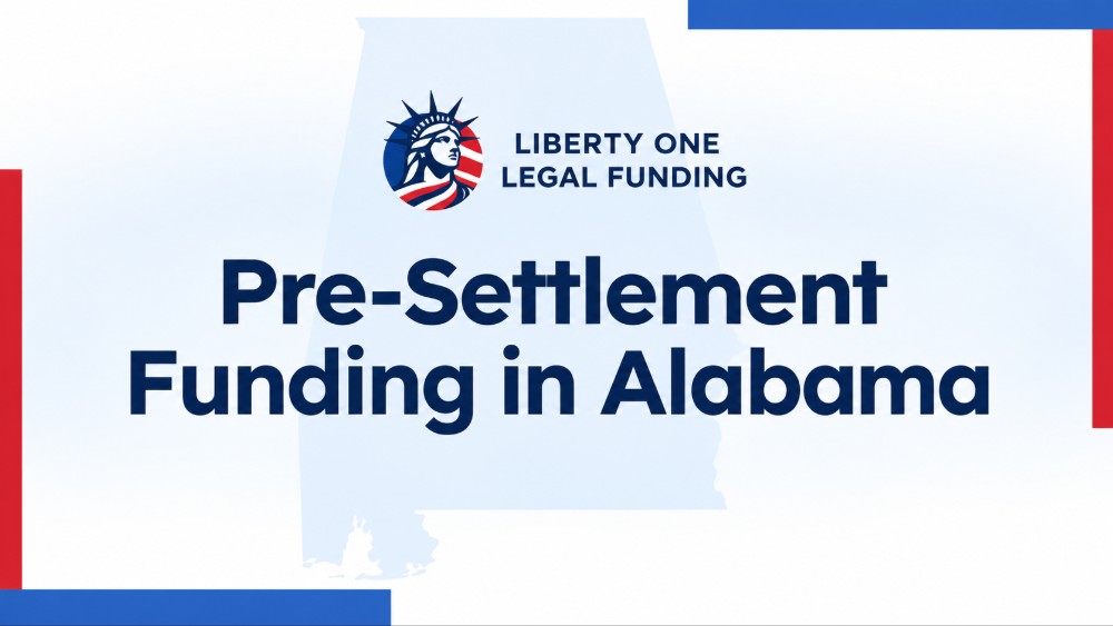 A graphic illustrating pre-settlement funding options available in Alabama, featuring key statistics and benefits for plaintiffs.